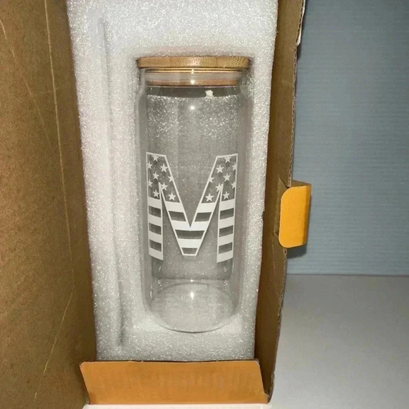 NEW! Letter M initial Shalory Glass Cup, 20oz, Clear glass American Flag - Picture 6 of 9
